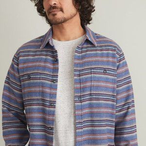 Marine Layer Heavy Flannel Overshirt in Burgundy/Blue Multi Stripe - Size L